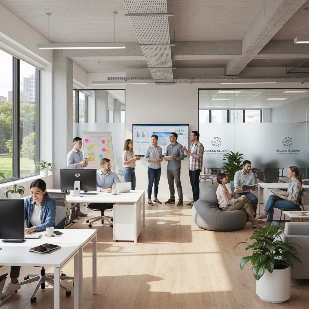 Modern, diverse professional team collaborating in a bright, open office - the ideal workplace environment.