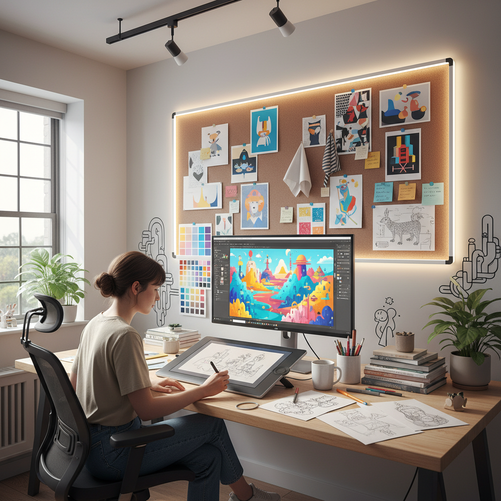 Creative Illustrator workspace with sketches, digital drawing tablet, and Adobe Illustrator interface