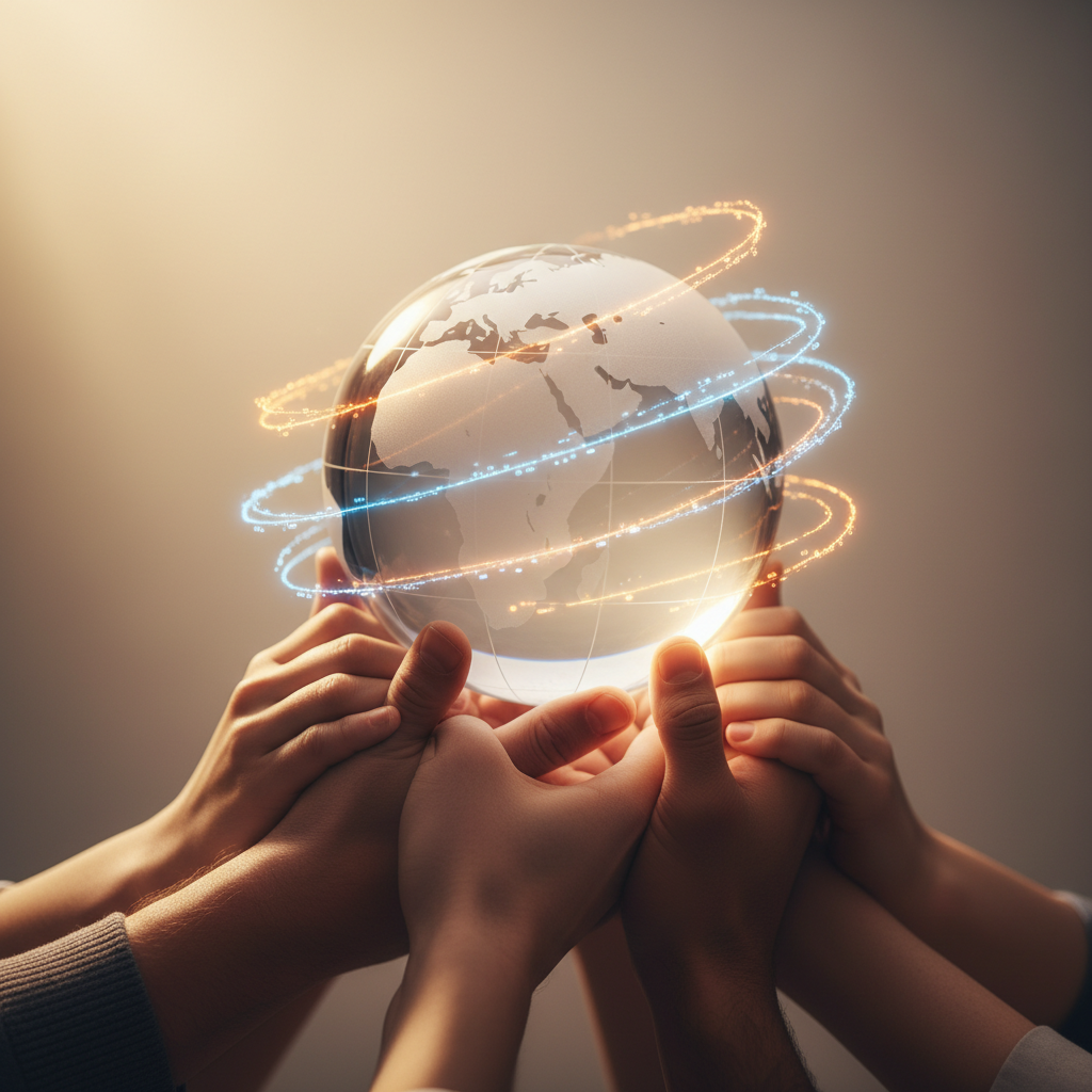 A glass globe balanced on diverse hands, symbolizing interconnected global job skills