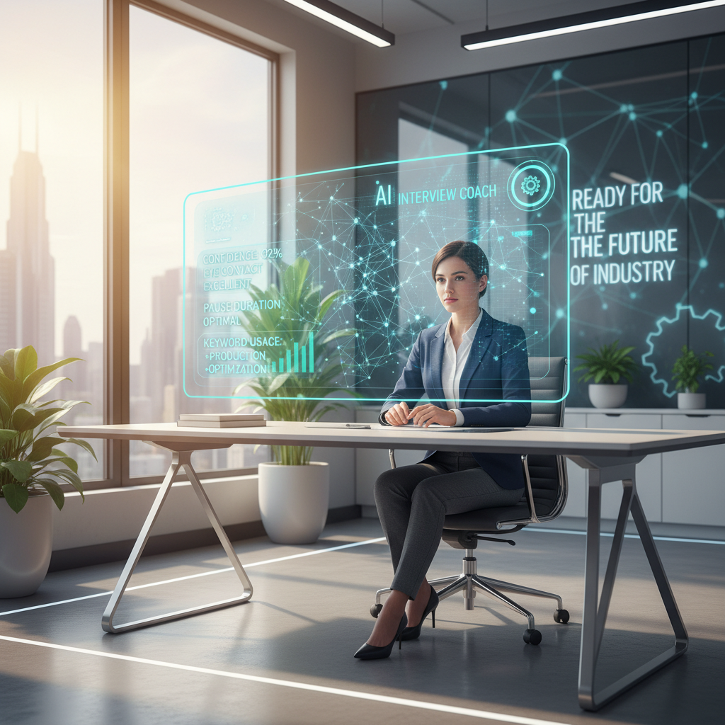 Confident industrial engineer practicing interview with digital AI feedback in a modern workspace