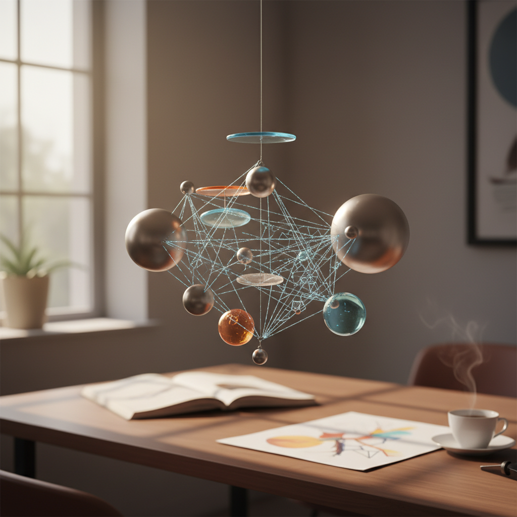 Metaphorical image of interconnected spheres and discs symbolizing influence without formal authority in a workspace