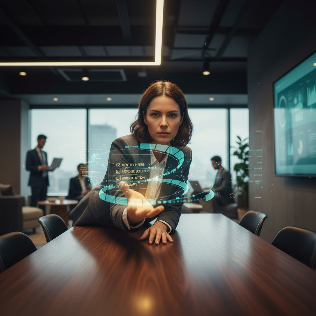 Professional taking initiative to solve a digital challenge in a coworking space, with analytical overlays and confident expression