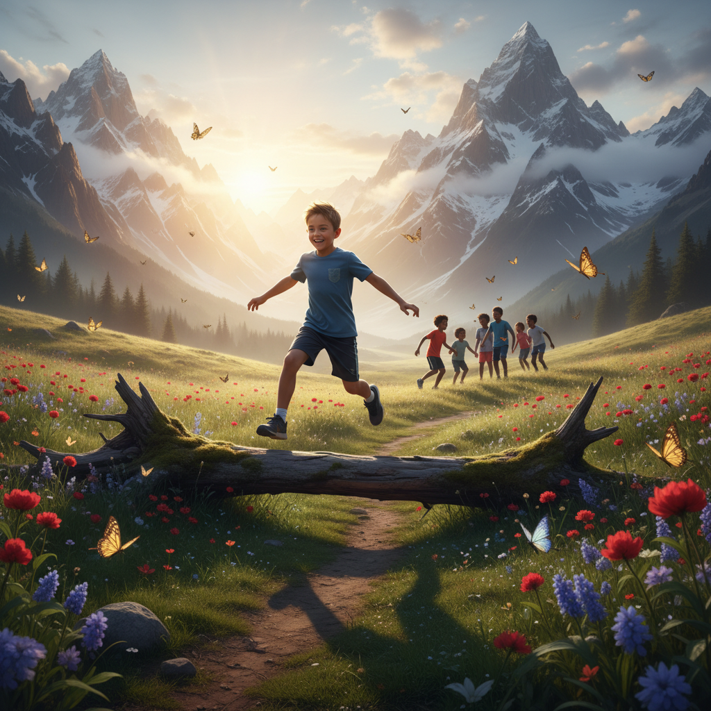 A young athlete leaping over a log, laughing with teammates in a sunlit meadow, symbolizing how sports humor builds confidence