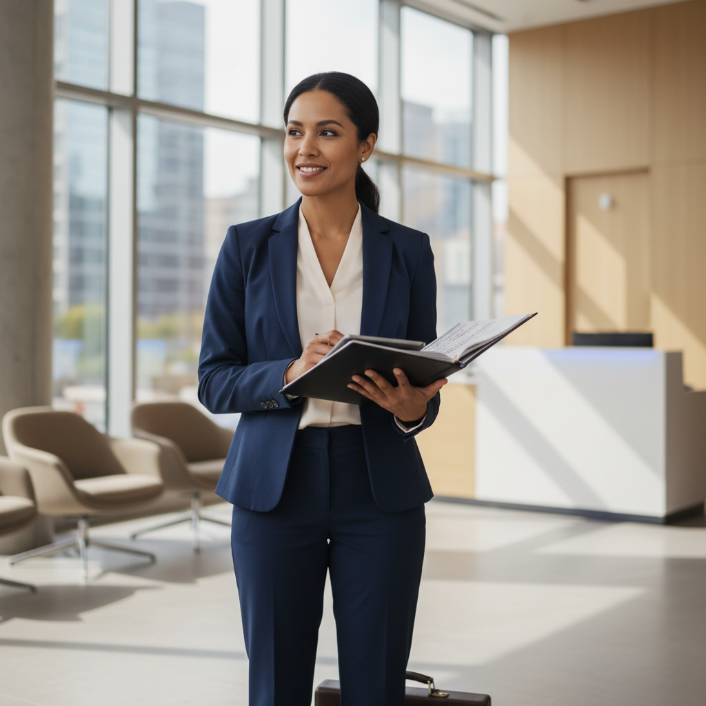 Confident insurance agent candidate preparing for interview in a modern office, referencing insurance notes with anticipation.