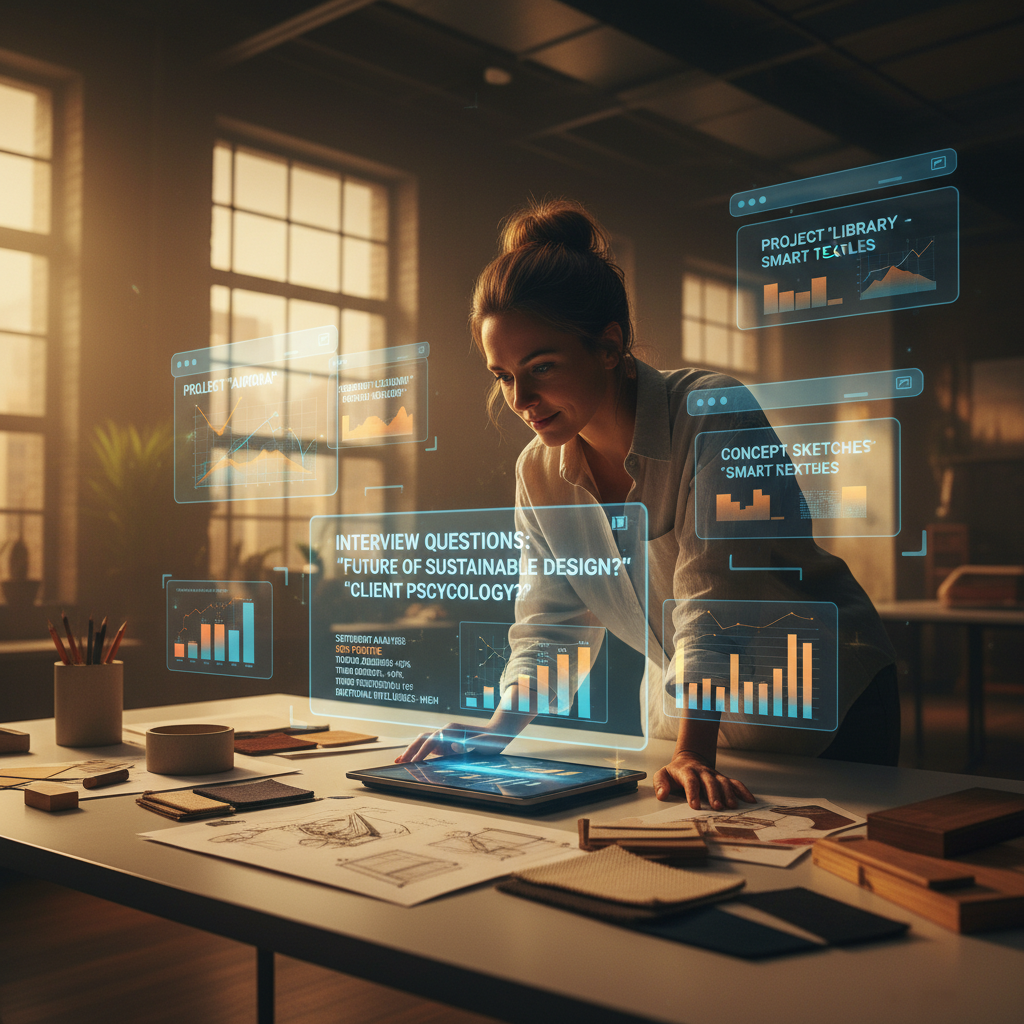 A hyper-realistic scene: interior designer prepping for interview with holographic AI feedback overlays