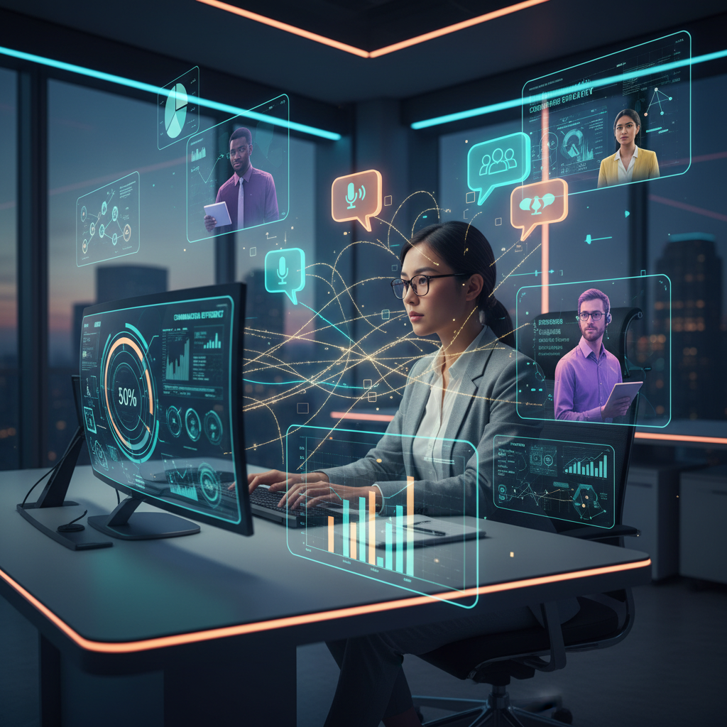 A candidate in a modern office, surrounded by digital dashboards and communication overlays, representing internal communications strategy mastery