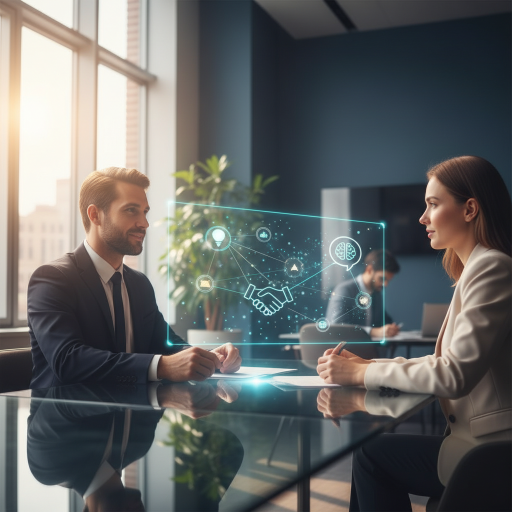 Confident internal communications professional engaging in a meaningful, data-driven discussion with a colleague, blending human connection and AI technology.