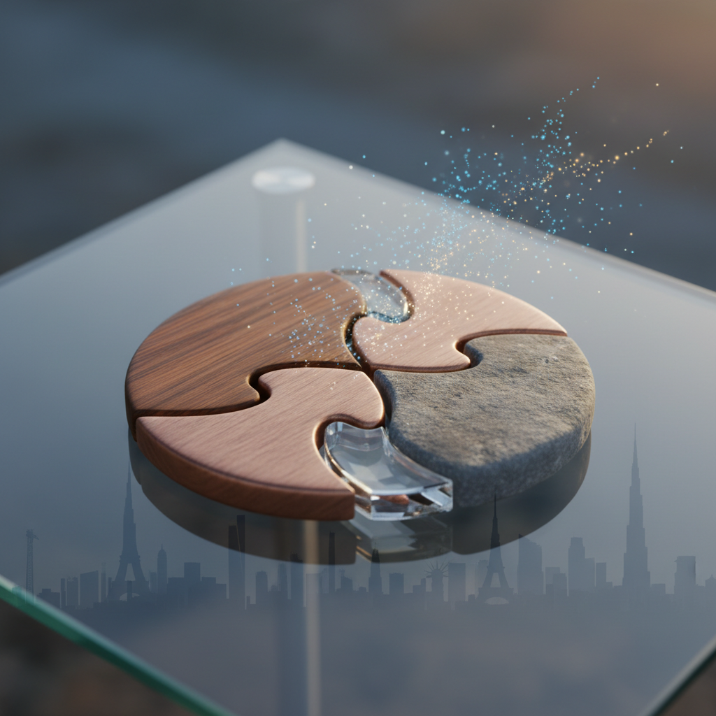 Puzzle pieces of different materials fitting together, symbolizing cross-cultural connection and adaptability