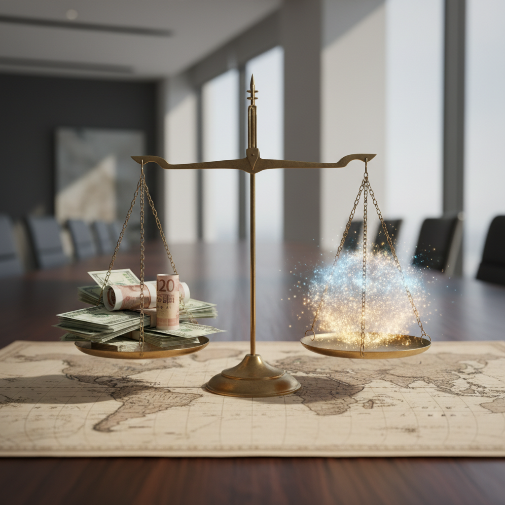 Balanced brass scales on a world map representing fairness and global compensation.