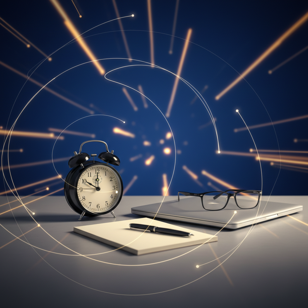 Metaphorical image: alarm clock, notepad, eyeglasses and laptop, symbolizing interview routines and discipline