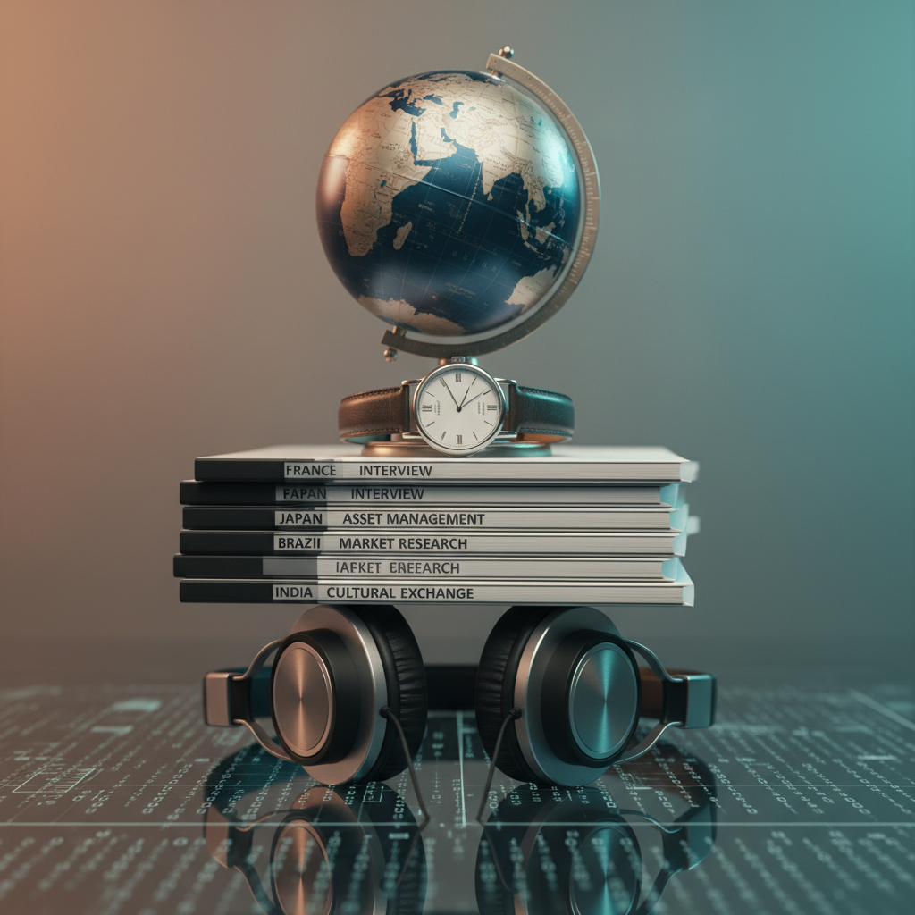 A symbolic photo of international interview preparation: globe, interview folders, headphones, and watch suggesting readiness and global awareness