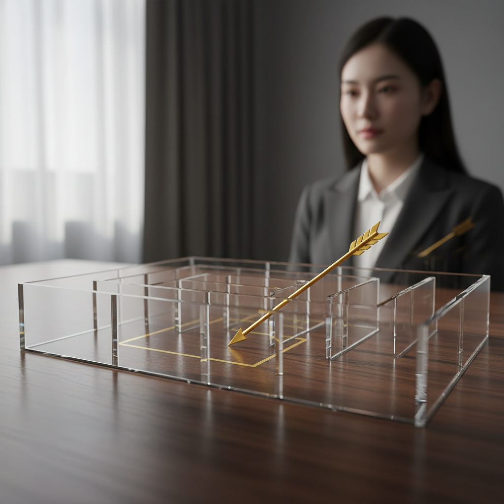 A photorealistic close-up of a glass labyrinth with a golden arrow symbolizing clarity and direction with interview frameworks like STAR