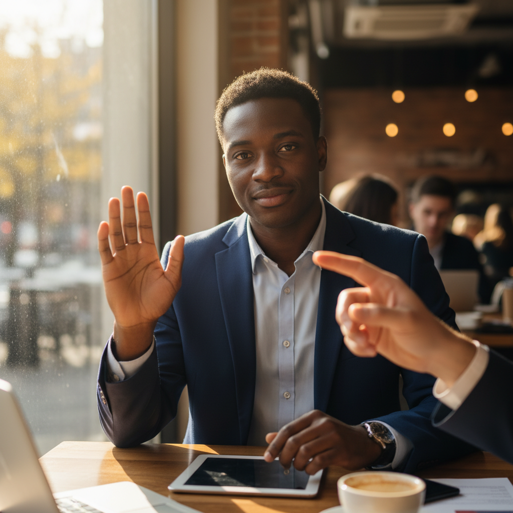Calm professional responds gracefully to interviewer interruption by signaling control in an open coworking space