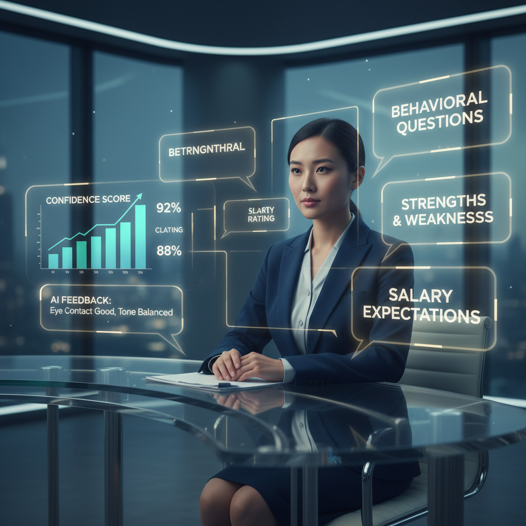 A confident job seeker prepares for interview with AI-powered question overlays and feedback in a modern setting