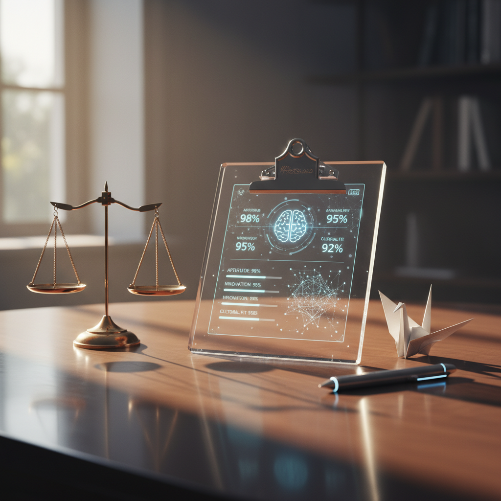 AI-infused interview scorecard on clipboard surrounded by symbols of fairness and growth