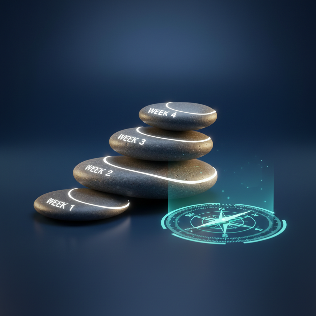 Four polished stones stacked as an upward staircase, symbolizing the four weeks of a structured interview bootcamp syllabus, with a glowing AI compass nearby