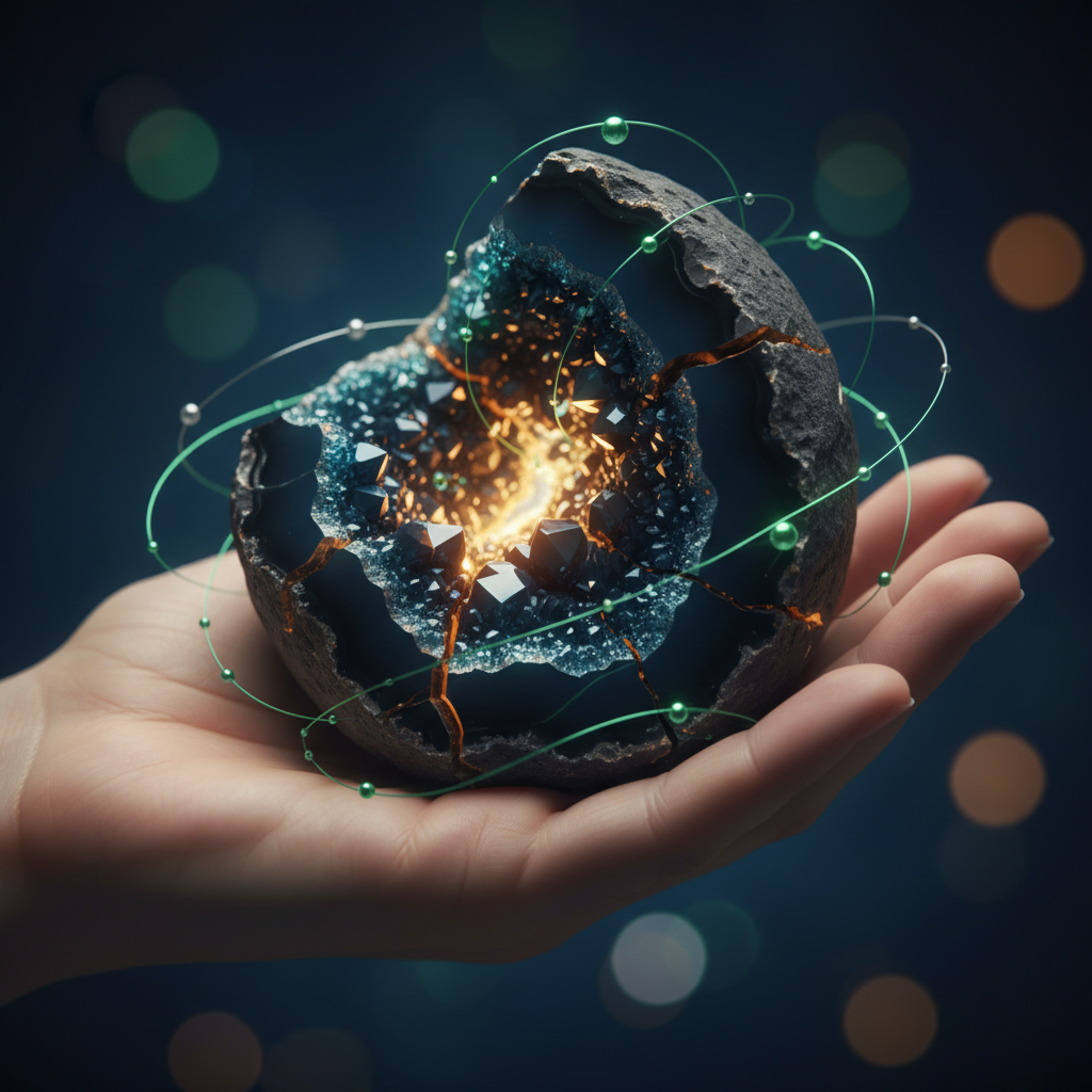 A hand holds a cracked geode, its dazzling core symbolizing the hidden value inside interview failures