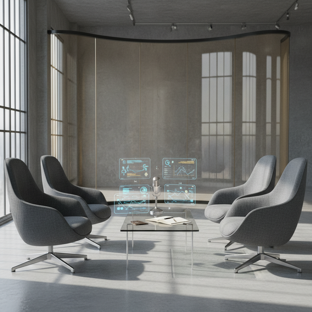 Practice interview dialogue setup with chairs, microphone, and AI-powered feedback symbols