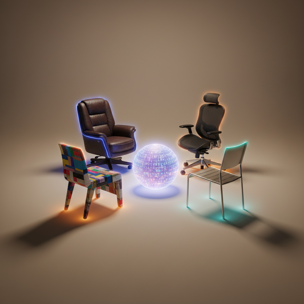 Symbolic image of four unique chairs representing interviewer personality types encircling a glowing AI data sphere