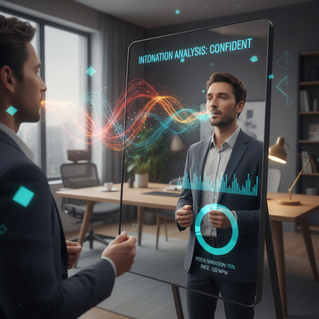 Job seeker practicing interview intonation with AI-powered feedback visualized in a digital mirror