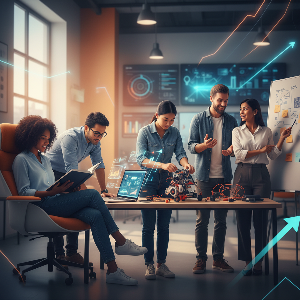 Diverse professionals engaging in different personalized learning activities, both digital and hands-on, for personal and career growth