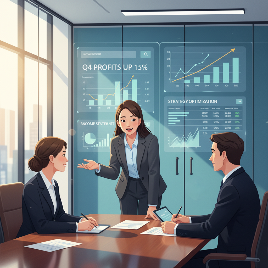 Candidate confidently answering technical and fit questions in an investment banking interview, surrounded by financial charts and statements
