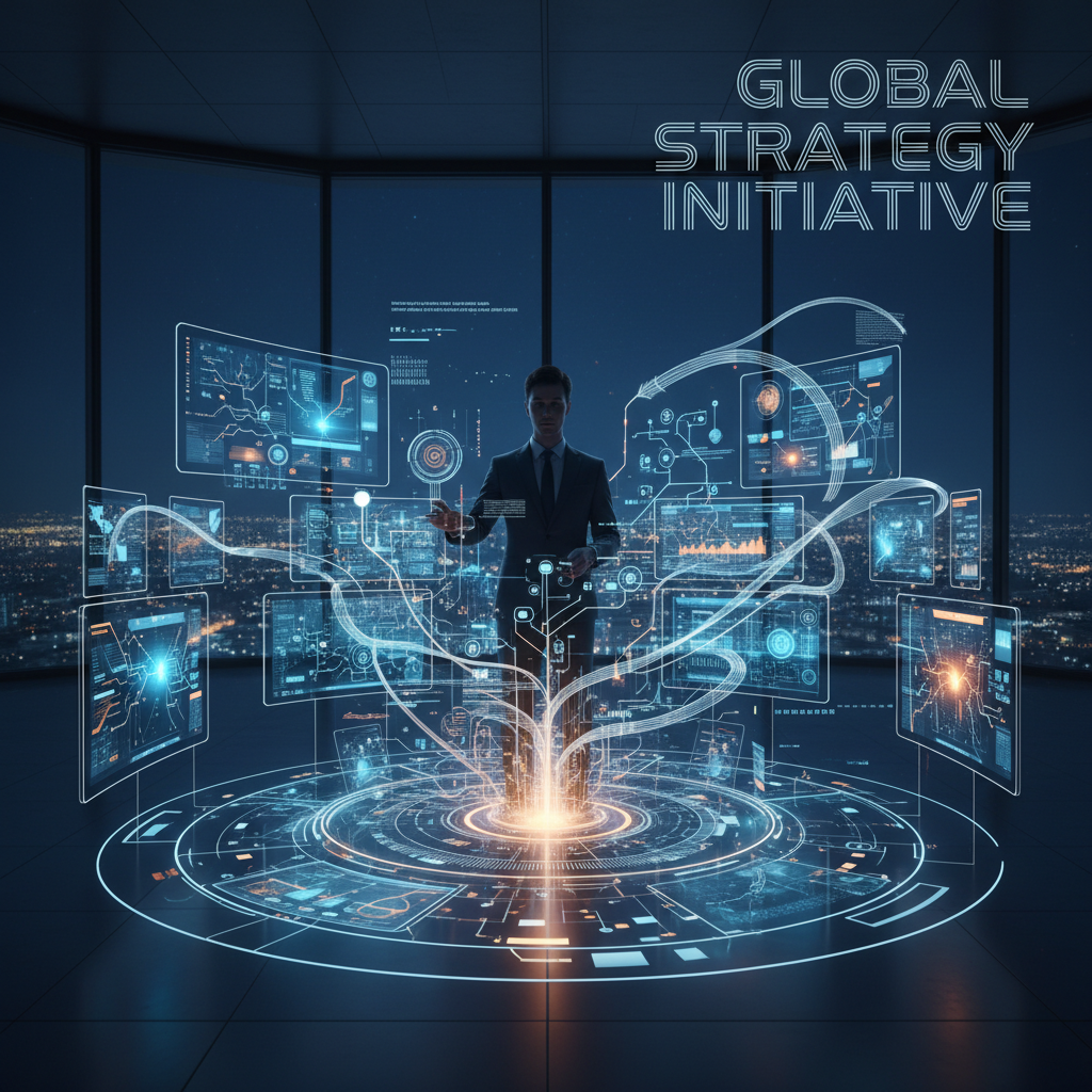 An IT Director orchestrating a holographic strategy room, showcasing modern IT leadership and innovation