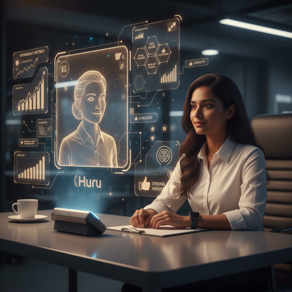 Professional practicing a virtual IT interview with AI feedback overlays in a modern workspace