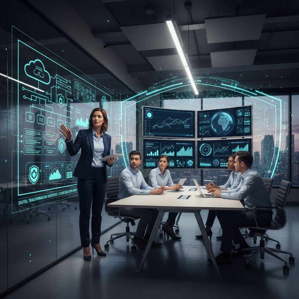 IT manager leading a modern, diverse team through digital transformation discussions in an innovative office setting