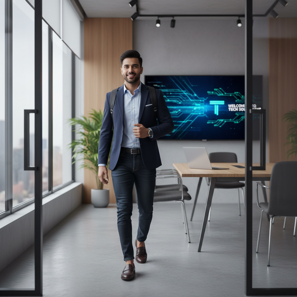 Modern IT professional dressed in smart business-casual attire for a tech job interview, entering a stylish office lobby.