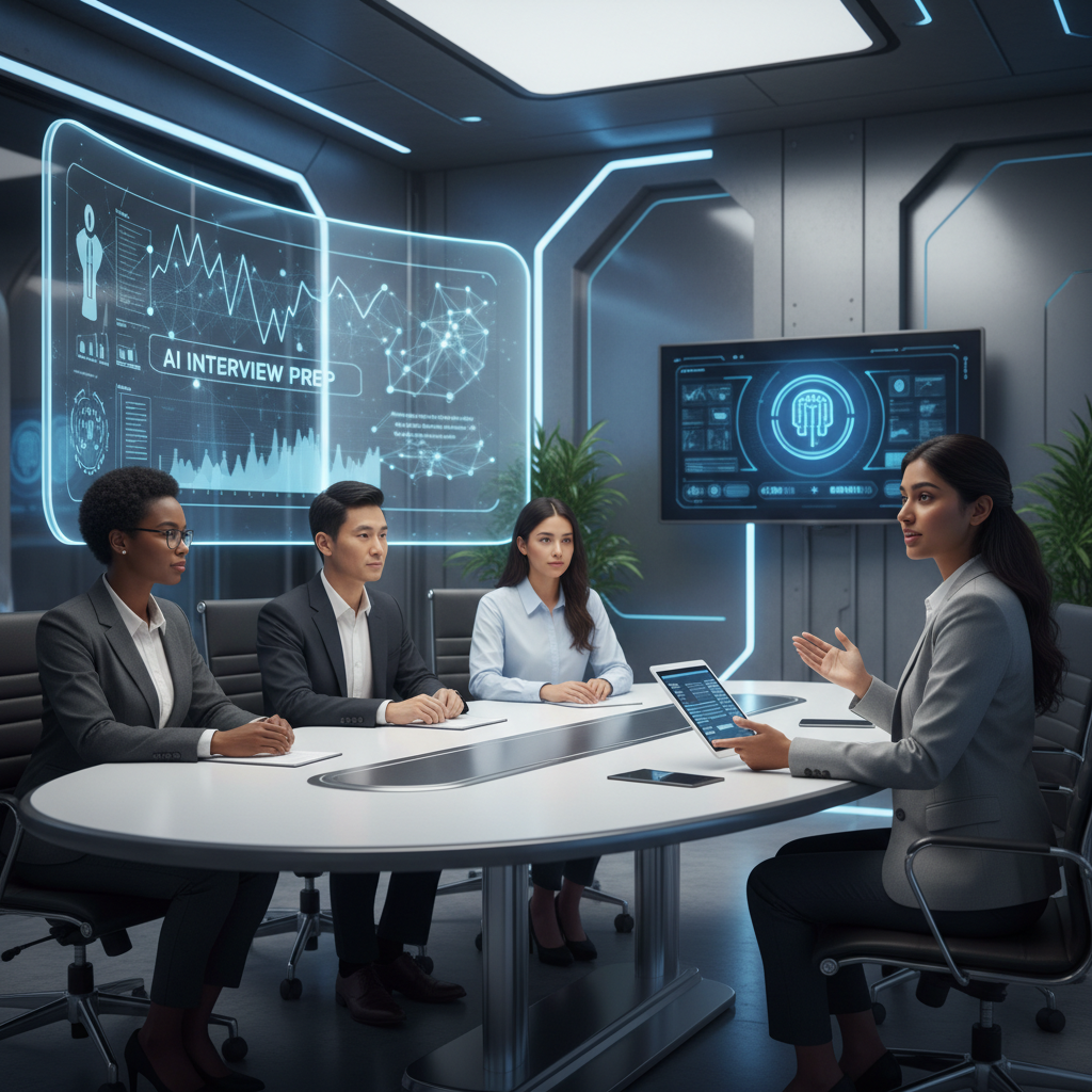 A confident IT job candidate faces a diverse, modern interview panel with digital displays and AI assistance