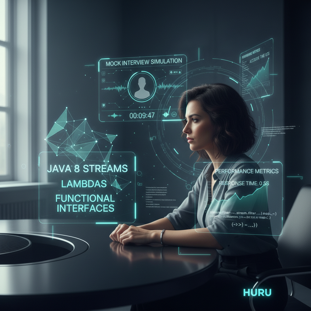 Java 8 interview practice with AI: a job seeker surrounded by digital Java 8 concepts and mock interview interfaces