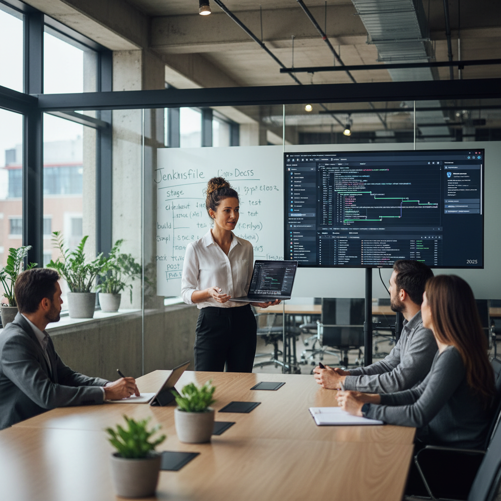 DevOps engineer leading a Jenkins technical interview session with pipeline scripting on screen and Jenkins UI in 2025