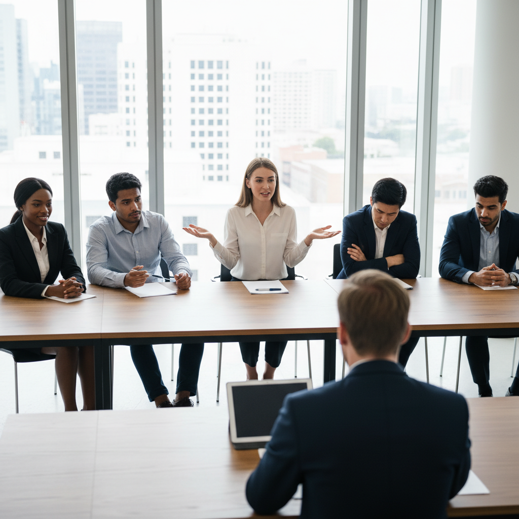 Job candidates in an interview room with varied body language, highlighting nonverbal cues observed by a hiring manager