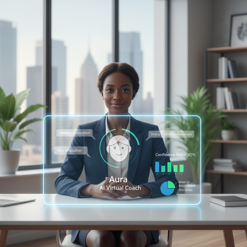 Confident job seeker practicing a mock interview with an AI-powered coach and getting real-time feedback