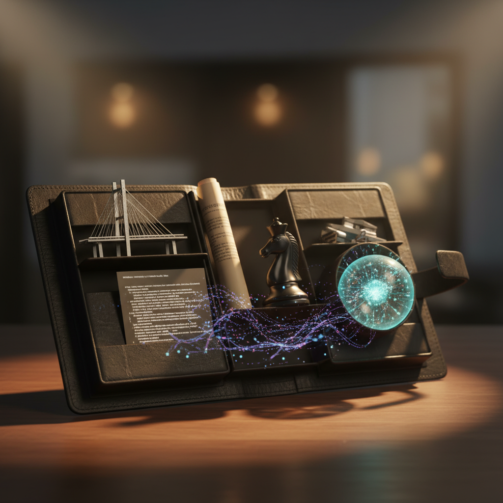 Portfolio folder with symbols of non-design strengths: bridge, code, chess, AI orb.