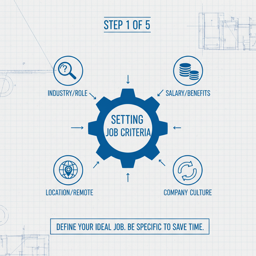 Blueprint for a daily job search system process: criteria, lead aggregation, automation, tracking.
