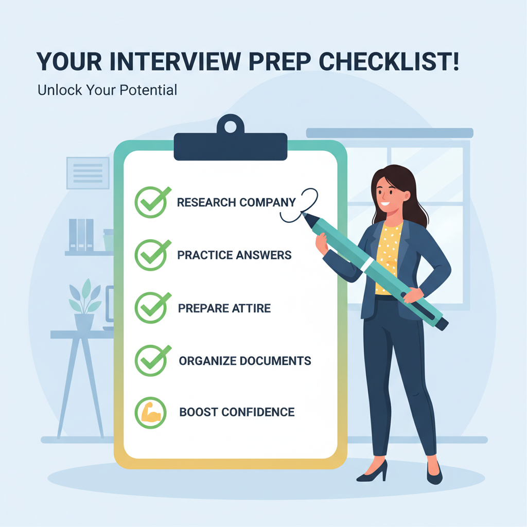 Job interview checklist illustration with a candidate checking off preparation steps