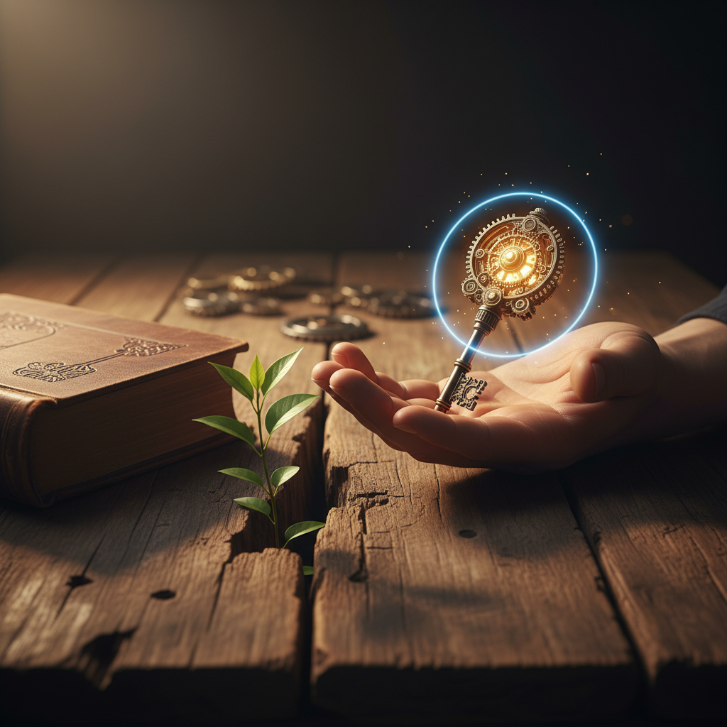 Metaphorical image of a human hand holding a glowing key, symbolizing unique qualities that protect careers from automation