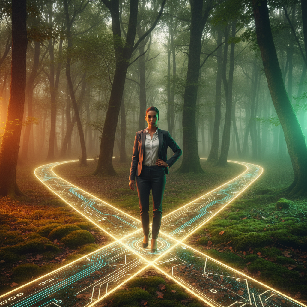 Berufstätiger an Karrierekreuzung wählt neuen Weg mit KI-Unterstützung