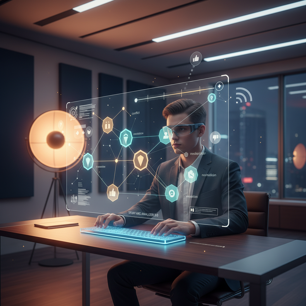 Job seeker preparing for a journalist interview with AI-powered story mapping and feedback tools in a modern workspace