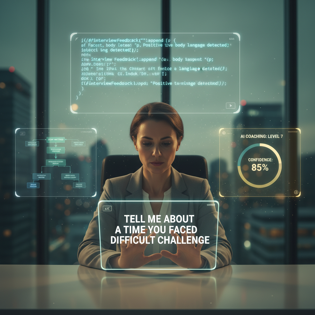 A job seeker practicing jQuery interview questions in a modern office, illuminated by analytical overlays and AI-driven feedback.