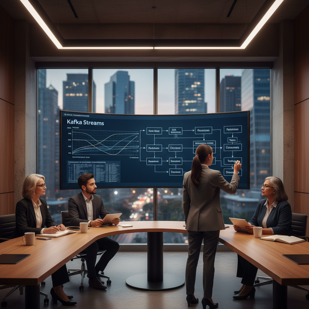 Technical interview panel with Kafka architecture on a digital whiteboard