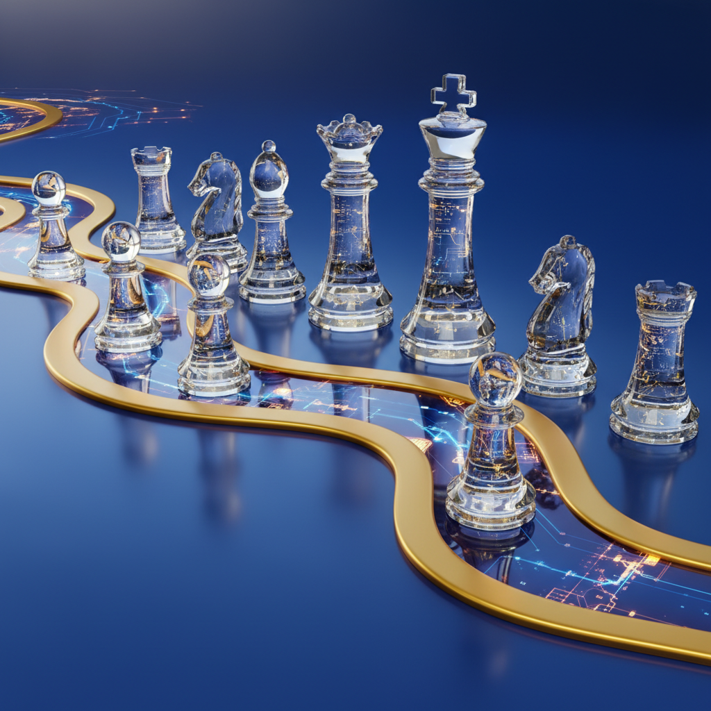 Verschiedene transparente Schachfiguren stehen auf einem leuchtenden, gold-blauen Weg. Sie symbolisieren wichtige Karriere-Meilensteine und strategische Entscheidungen.