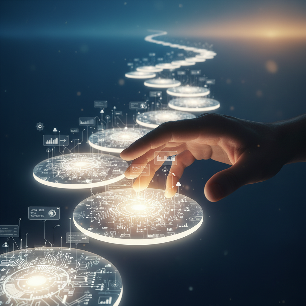 Hand erreicht nach leuchtenden Daten-Trittsteinen: Symbol für Fortschritt durch KI Interview Feedback