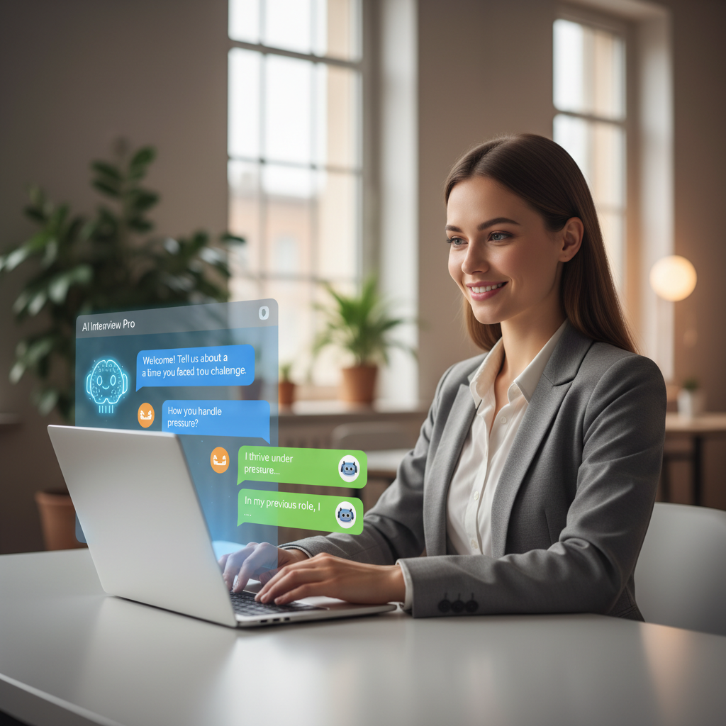 Digitale KI-Interviewfragen: Bewerber antwortet souverän auf typische Fragen via AI-Interface