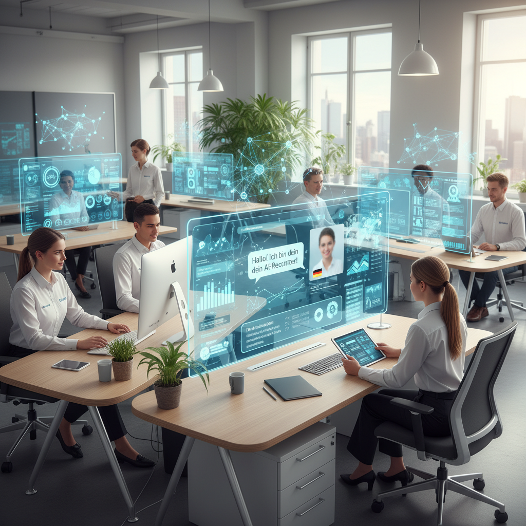 Recruiter interagieren mit KI-Tools und digitalen Dashboards im modernen deutschen HR-Office