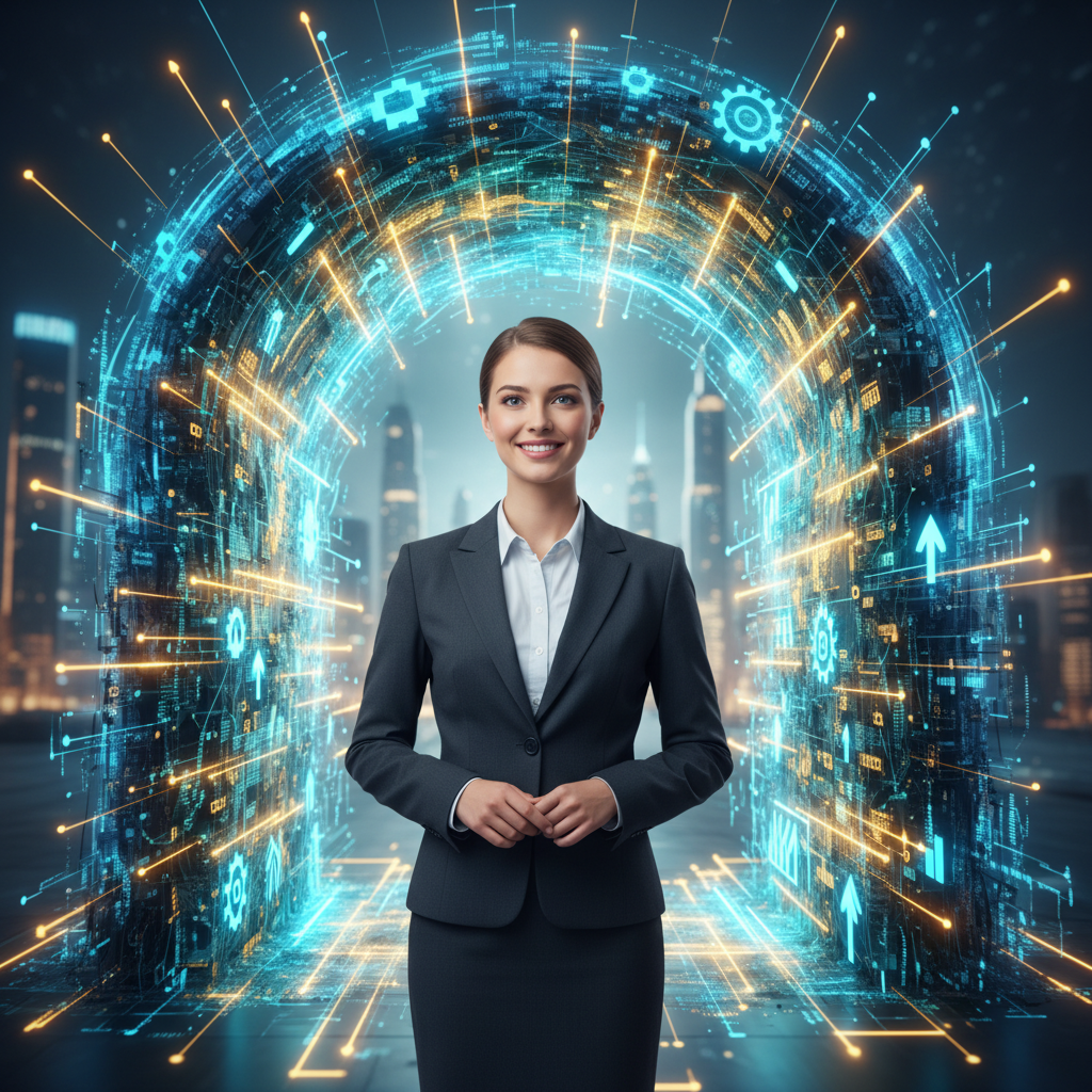 Jobbewerber:in steht vor leuchtendem KI-Tor – Symbol für Chancen durch KI Recruiting