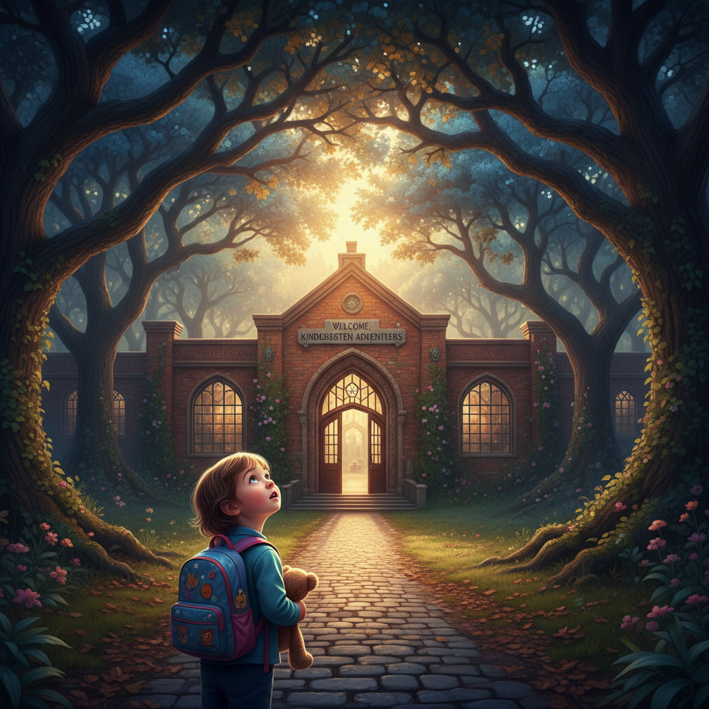 Child starting kindergarten on an epic nature-inspired journey towards school, symbolizing bravery and excitement.