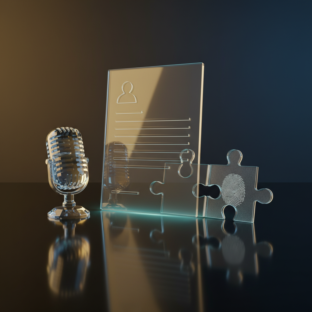 Gläserner Lebenslauf, Mikrofon und Puzzle – Symbol für Konsistenz im Bewerbungsprozess